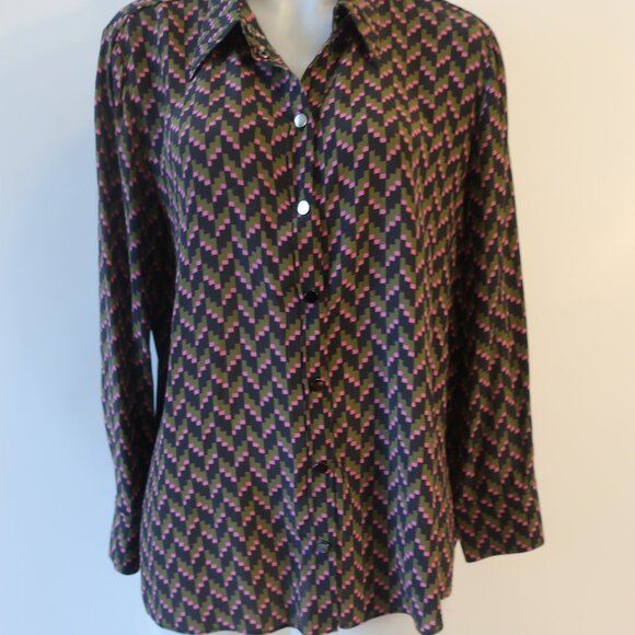 Womens Dorothee Schumacher Black, Green, Pink Design Button Down Blouse 4 - Picture 2 of 7